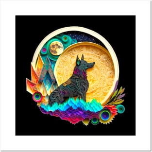 German Shepherd Dog Space Full Moon Planets Stars Cute Art Digital Painting Posters and Art